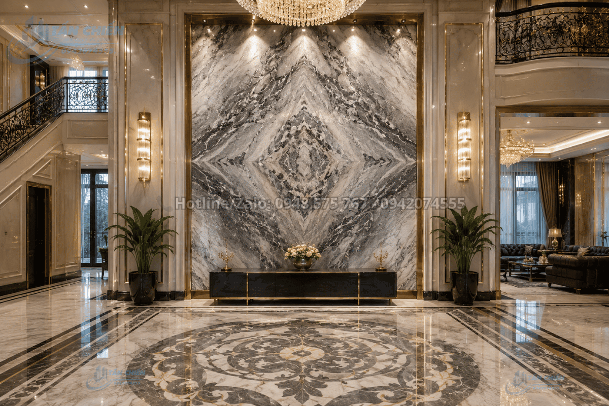 Tranh Đá Đối Xứng Granite Màu Ghi tại sảnh biệt thự