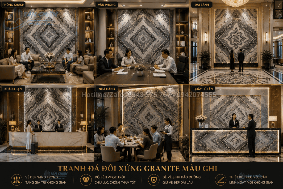Mẫu Tranh Đá Đối Xứng Granite Màu Ghi đẹp