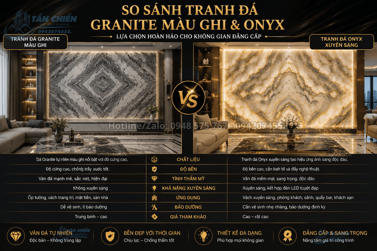 So sánh Tranh Đá Granite Màu Ghi và Tranh Đá Onyx