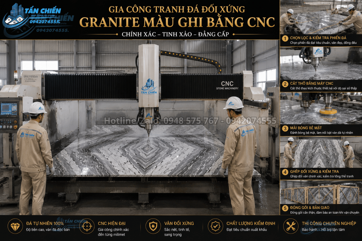 Gia công Tranh Đá Đối Xứng Granite Màu Ghi bằng CNC