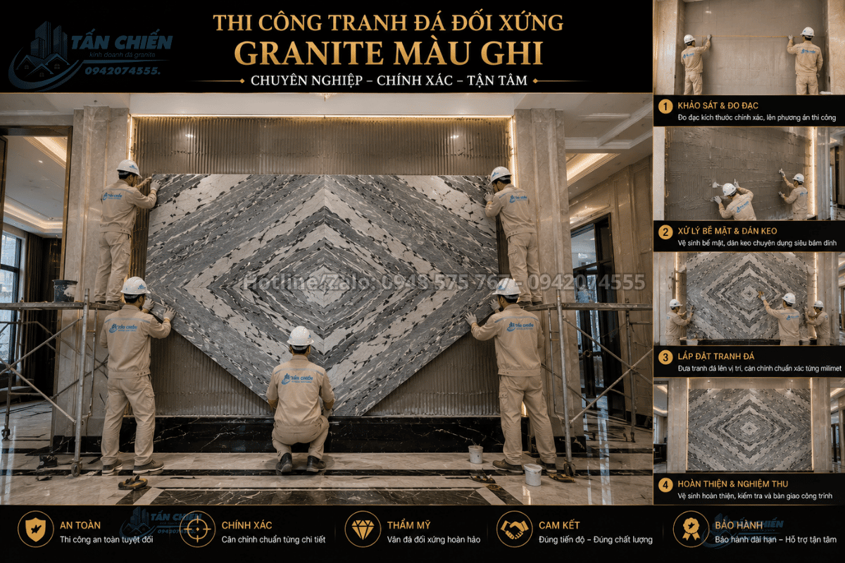 Thi công Tranh Đá Đối Xứng Granite Màu Ghi