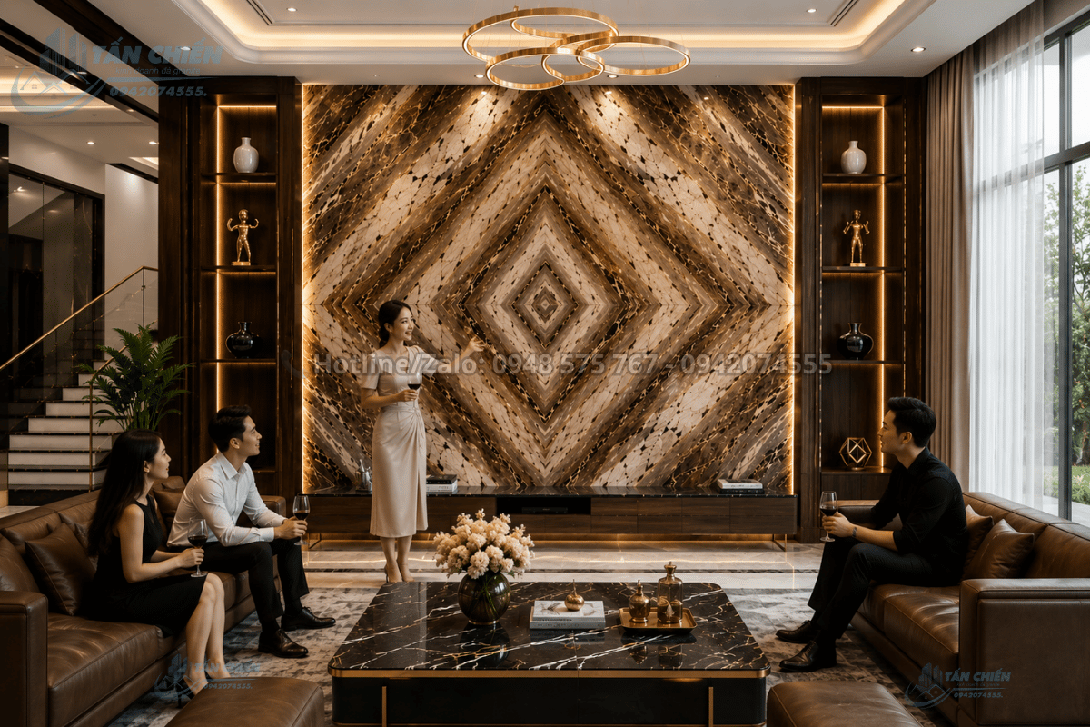 Tranh Đá Đối Xứng Marble Màu Cafe phòng khách biệt thự