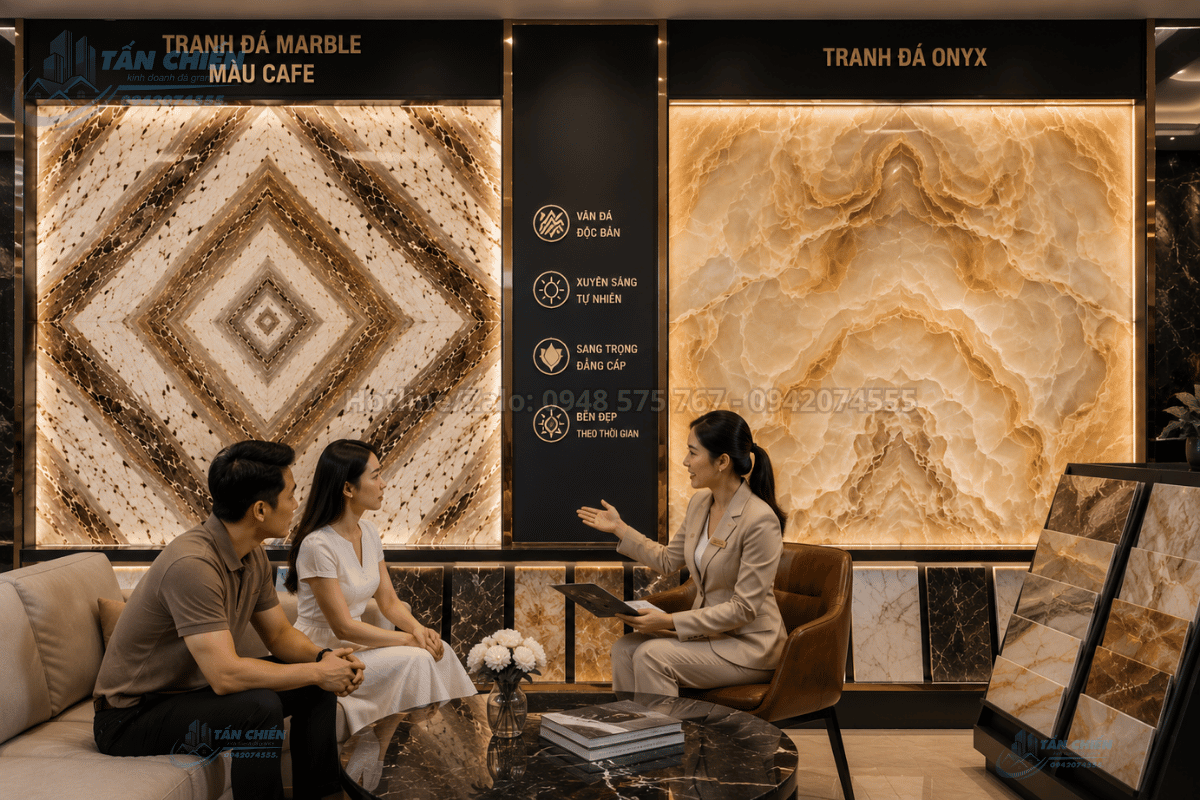 So sánh Tranh Đá Marble Màu Cafe và Tranh Đá Onyx