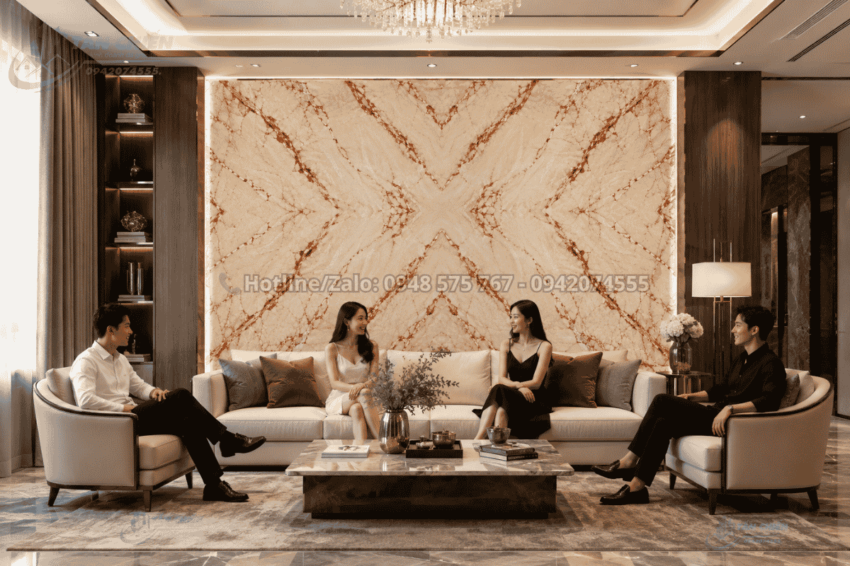Tranh Đá Đối Xứng Marble Màu Kem Vân Đỏ khổ lớn nhập khẩu