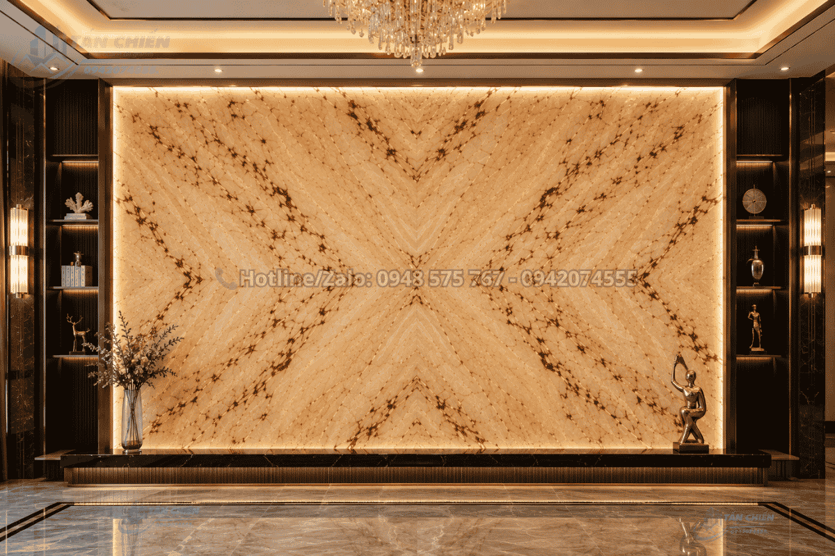 Mẫu Tranh Đá Đối Xứng Marble Màu Kem Vân Đỏ khổ lớn