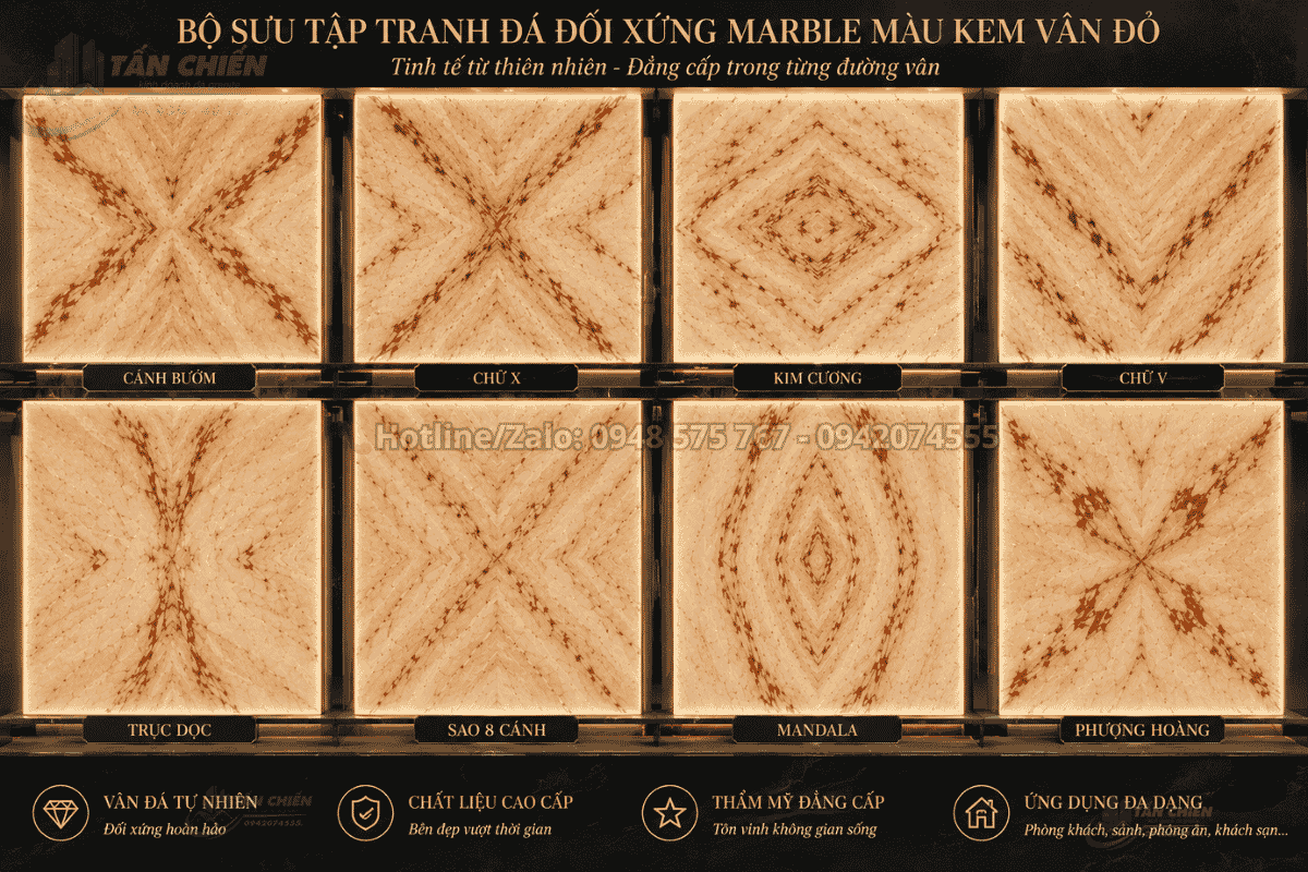 Tranh Đá Đối Xứng Marble Màu Kem Vân Đỏ