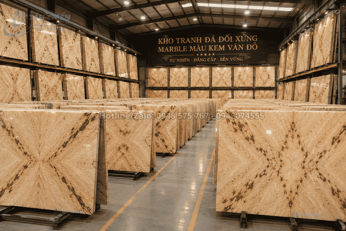 Kho Tranh Đá Đối Xứng Marble Màu Kem Vân Đỏ nhập khẩu