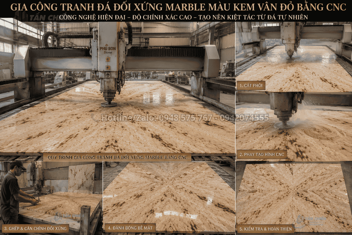 Gia công Tranh Đá Đối Xứng Marble Màu Kem Vân Đỏ bằng CNC