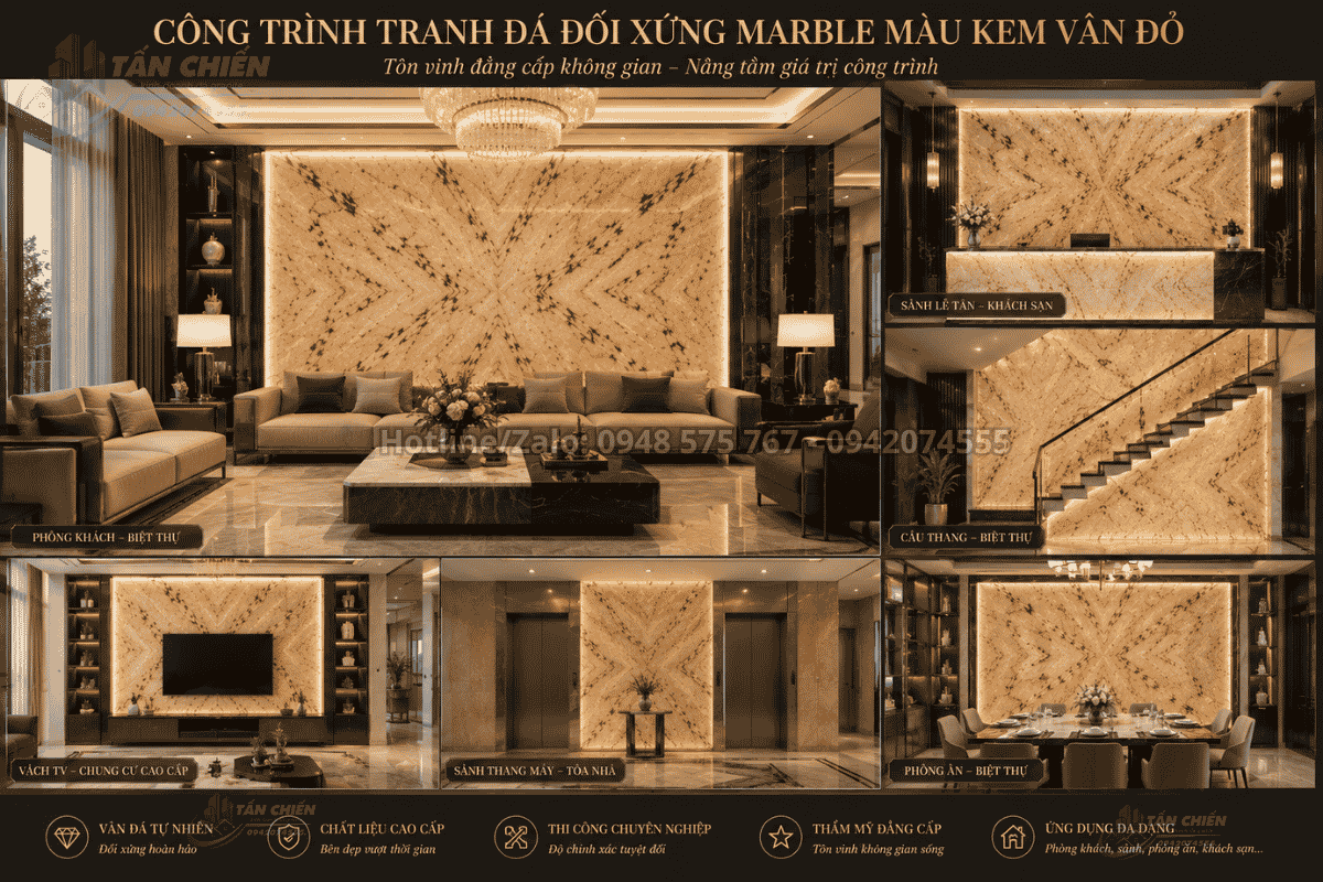 Công trình Tranh Đá Đối Xứng Marble Màu Kem Vân Đỏ hoàn thiện thực tế