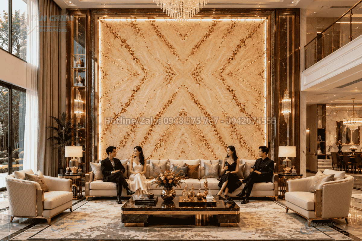 Tranh Đá Đối Xứng Marble Màu Kem Vân Đỏ trong biệt thự cao cấp