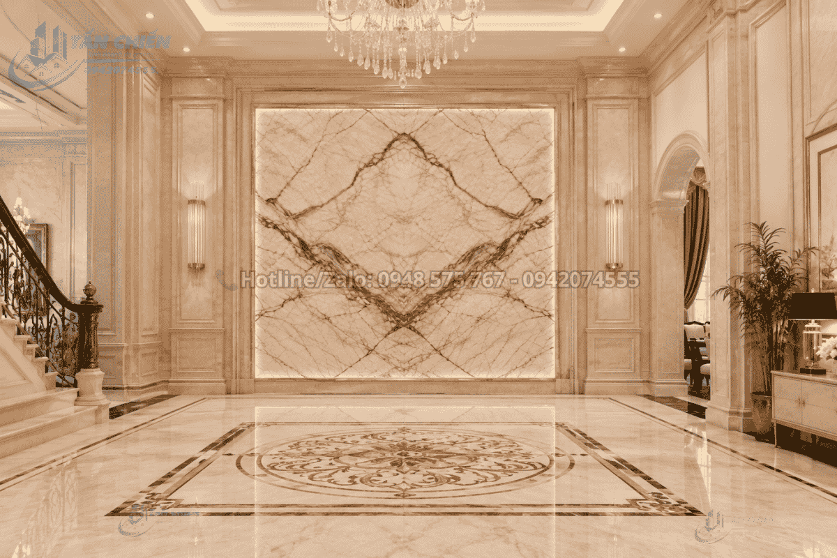 Sảnh biệt thự sử dụng Tranh Đá Đối Xứng Marble Màu Kem Vân Đỏ