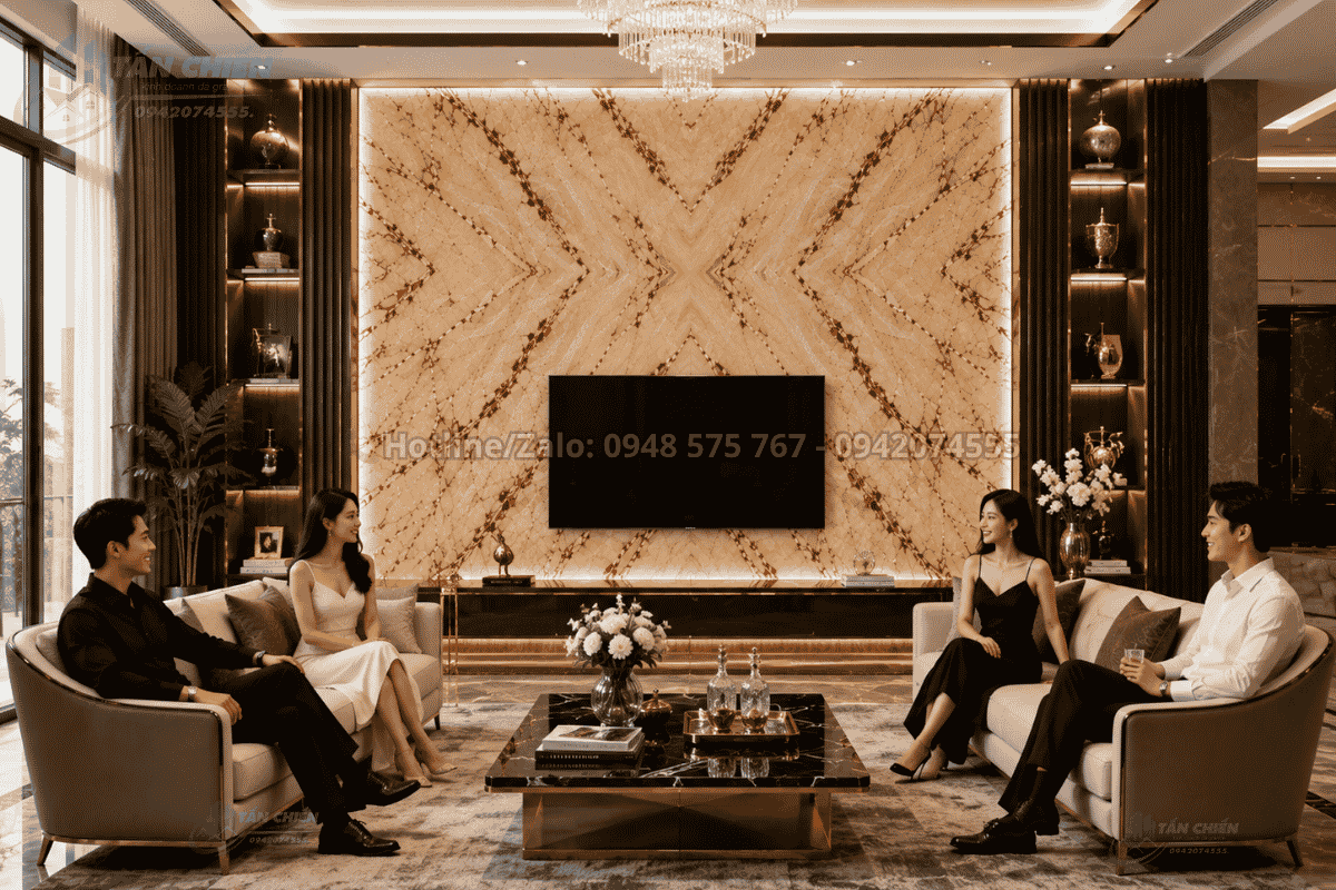Vách tivi Tranh Đá Đối Xứng Marble Màu Kem Vân Đỏ