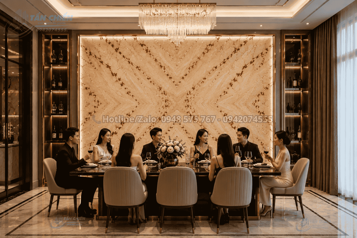 Tranh Đá Đối Xứng Marble Màu Kem Vân Đỏ phòng ăn