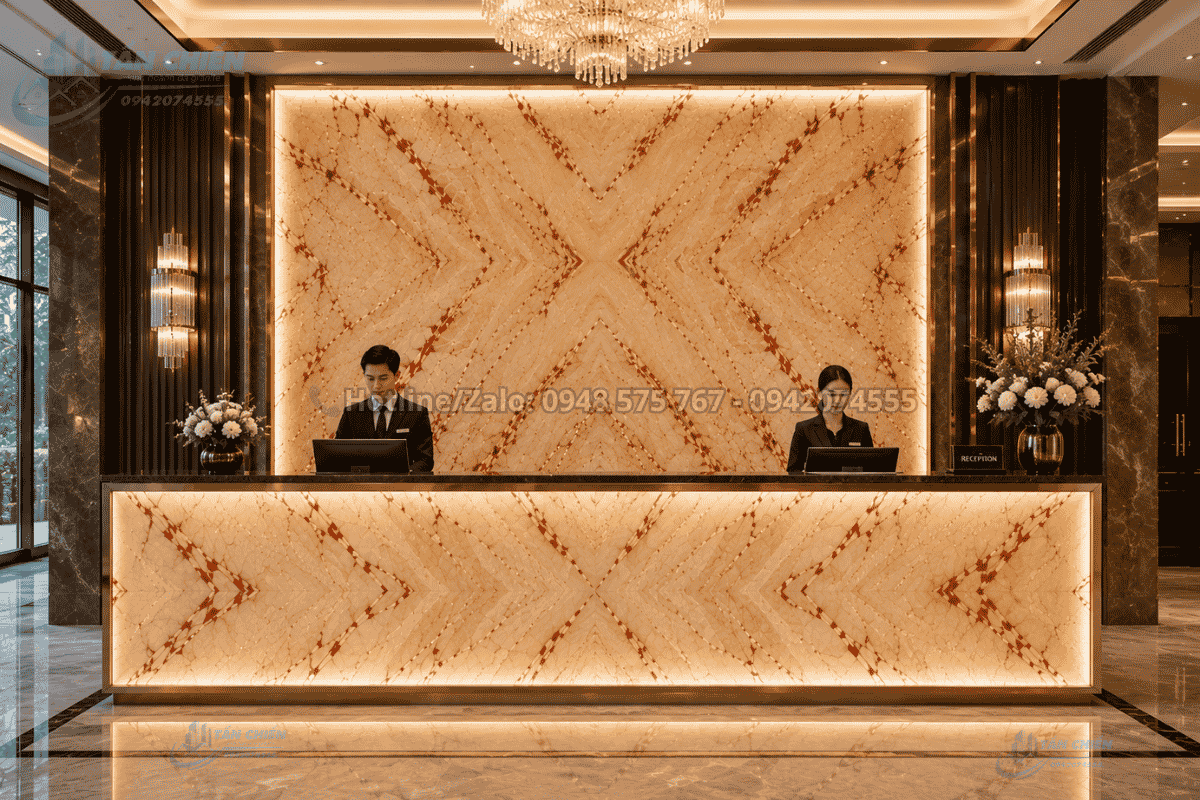 Quầy lễ tân ốp Tranh Đá Đối Xứng Marble Màu Kem Vân Đỏ