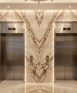 Vách thang máy bằng Tranh Đá Đối Xứng Marble Màu Kem Vân Đỏ