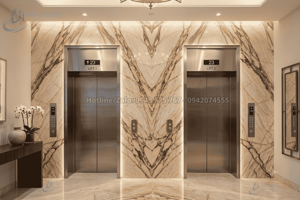 Vách thang máy bằng Tranh Đá Đối Xứng Marble Màu Kem Vân Đỏ