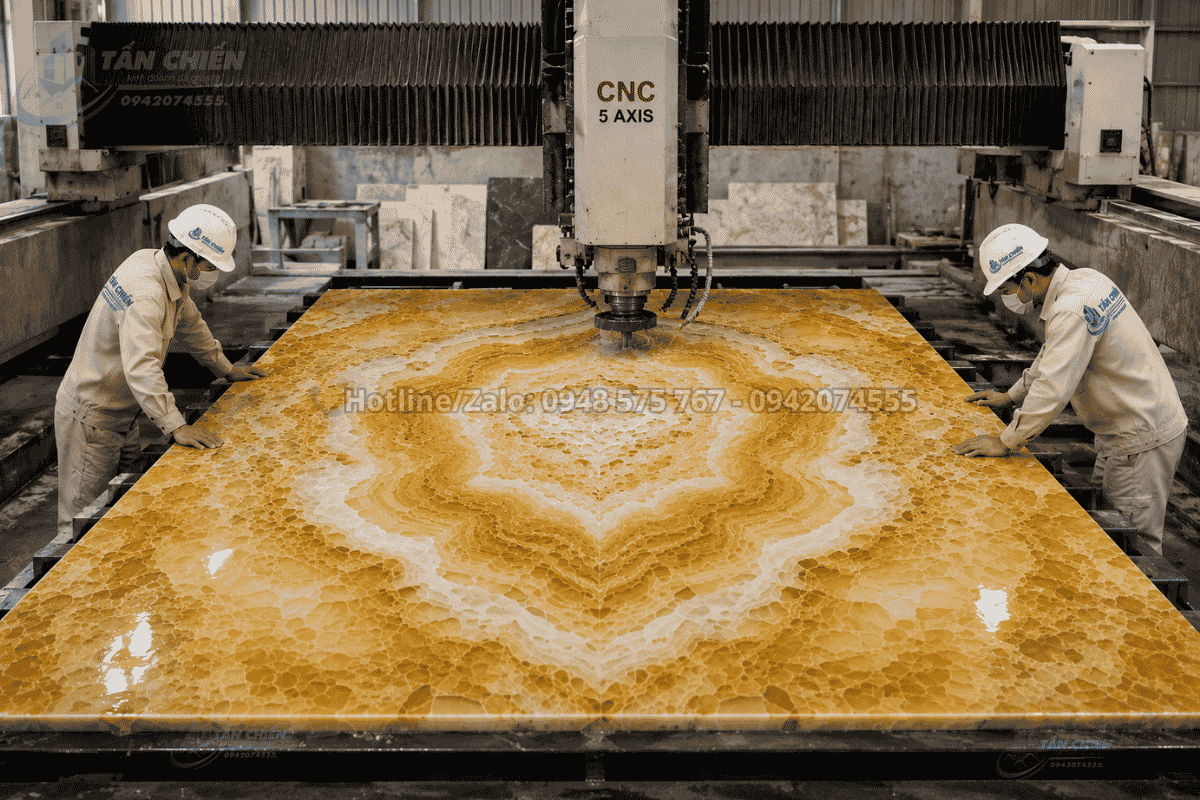 Gia công CNC Tranh Đá Đối Xứng Thạch Anh Màu Vàng