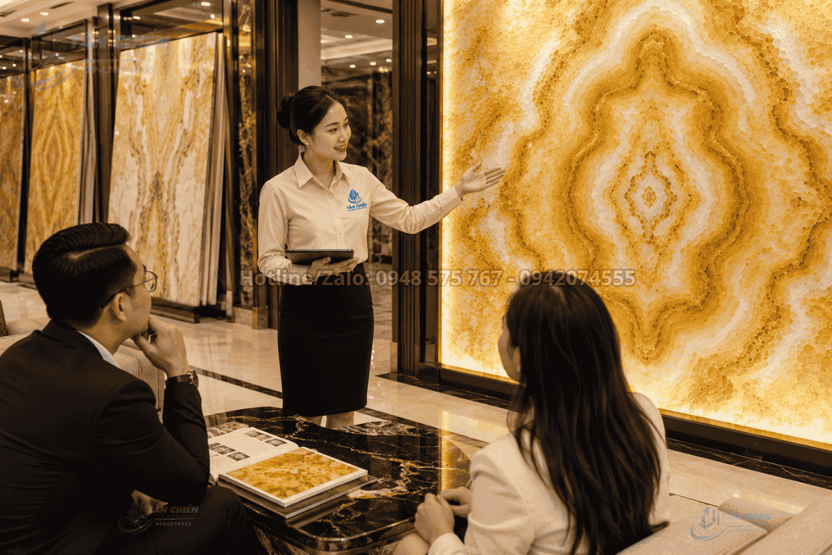Nhân viên tư vấn mẫu Tranh Đá Đối Xứng Thạch Anh Màu Vàng