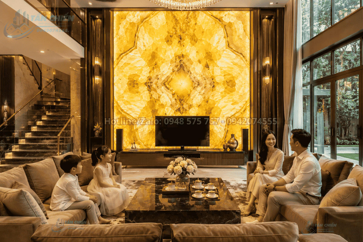 Đá Đối Xứng Thạch Anh Màu Vàng khổ lớn phòng khách biệt thự
