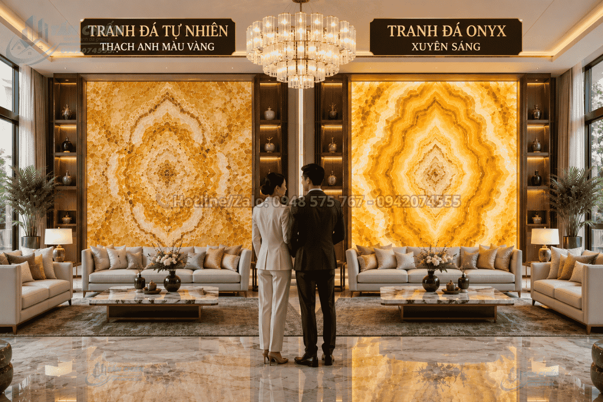 So sánh Tranh Đá Đối Xứng Thạch Anh Màu Vàng và Tranh Đá Onyx