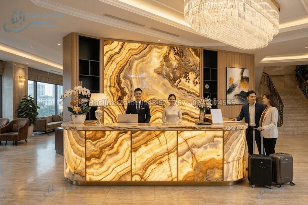 Quầy lễ tân khách sạn ốp đá Onyx
