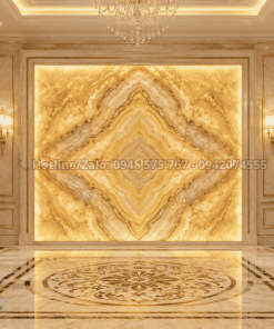 Tranh đá tự nhiên Onyx xuyên sáng màu vàng đối vân trong sảnh biệt thự cao cấp