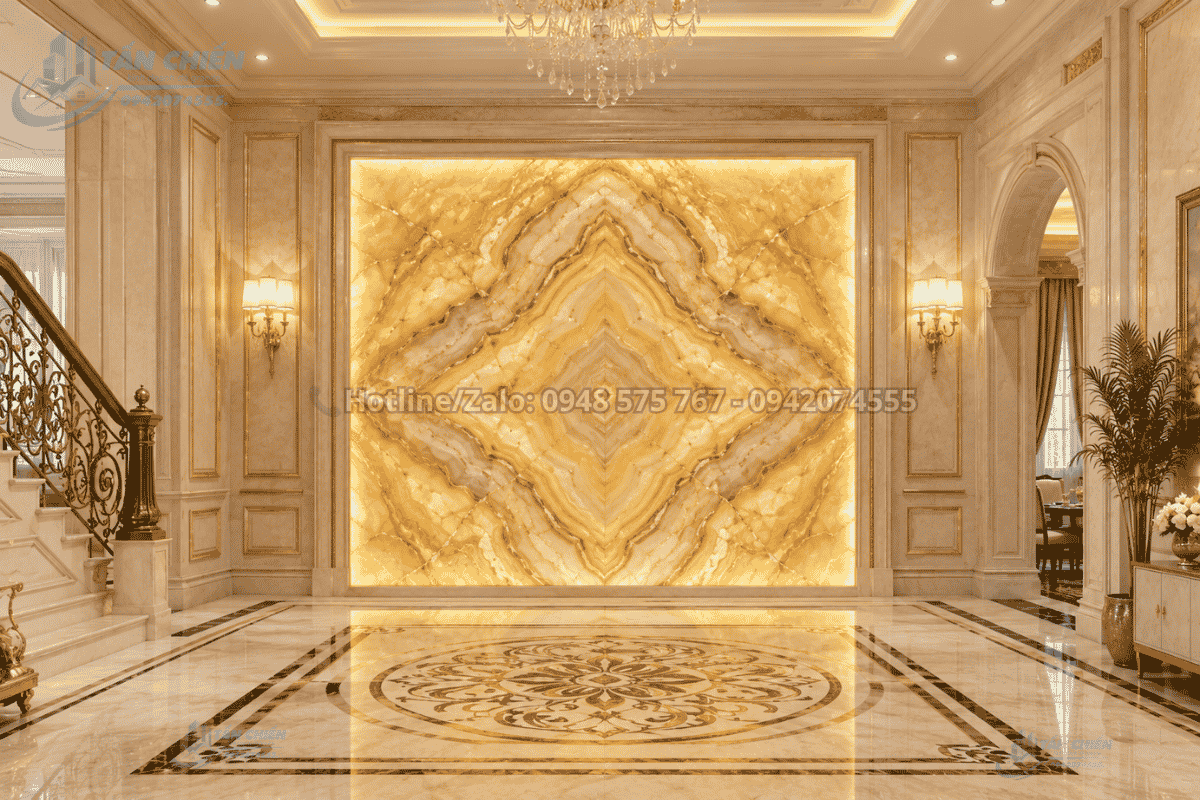 Tranh đá tự nhiên Onyx xuyên sáng màu vàng đối vân trong sảnh biệt thự cao cấp