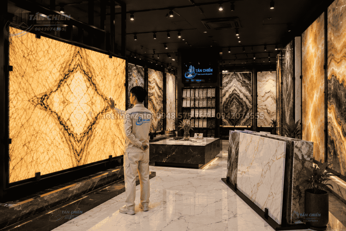 Kiểm tra khả năng xuyên sáng của tranh đá tự nhiên Onyx tại showroom