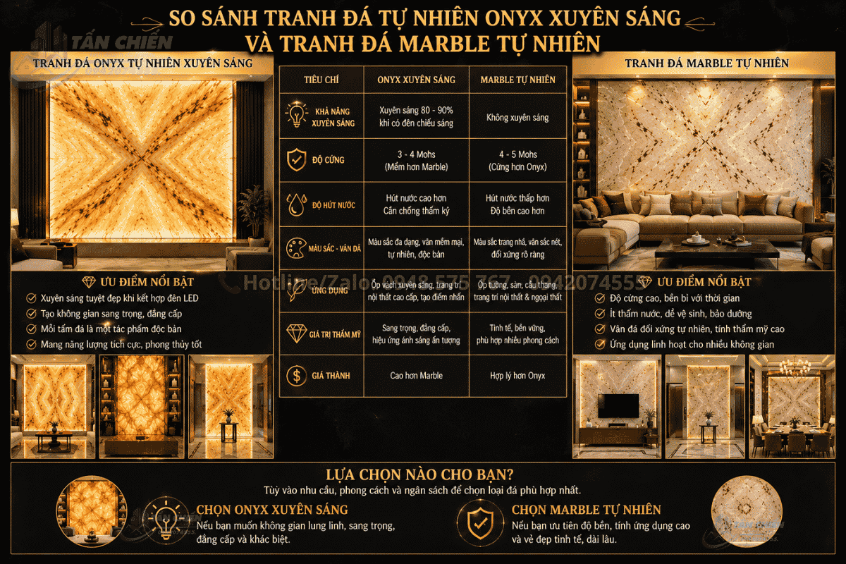 So sánh tranh đá tự nhiên Onyx xuyên sáng và tranh đá Marble tự nhiên cao cấp