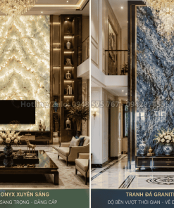 Tranh đá Onyx xuyên sáng và tranh đá Granite tự nhiên trong không gian biệt thự