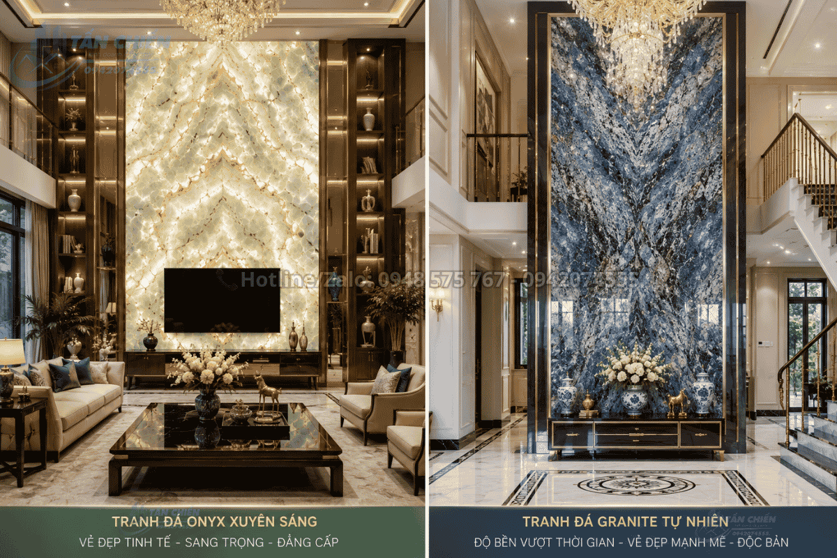 Tranh đá Onyx xuyên sáng và tranh đá Granite tự nhiên trong không gian biệt thự
