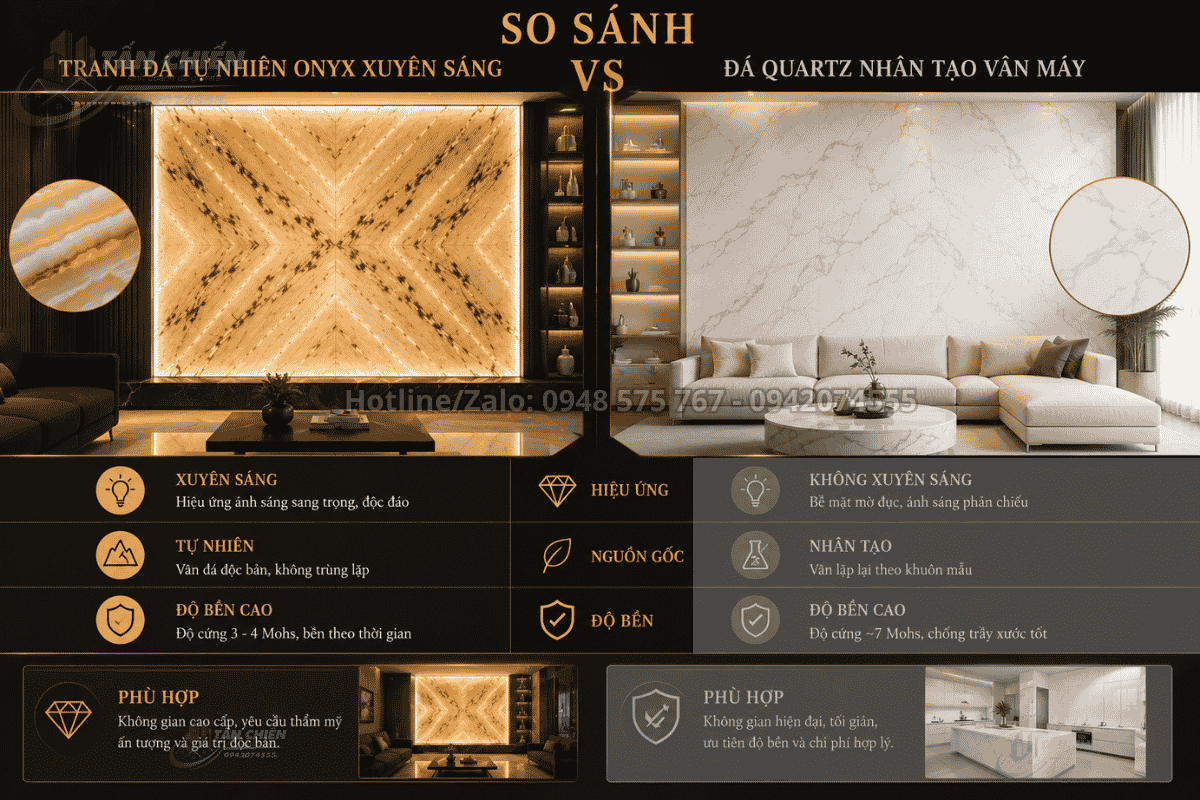 So sánh tranh đá tự nhiên Onyx xuyên sáng và đá Quartz nhân tạo vân mây