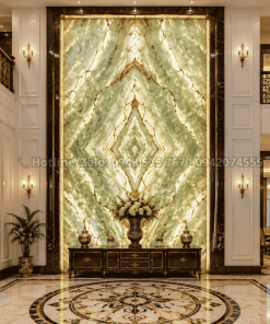 Tranh đá tự nhiên Onyx xuyên sáng ghép đối vân tại sảnh biệt thự sang trọng