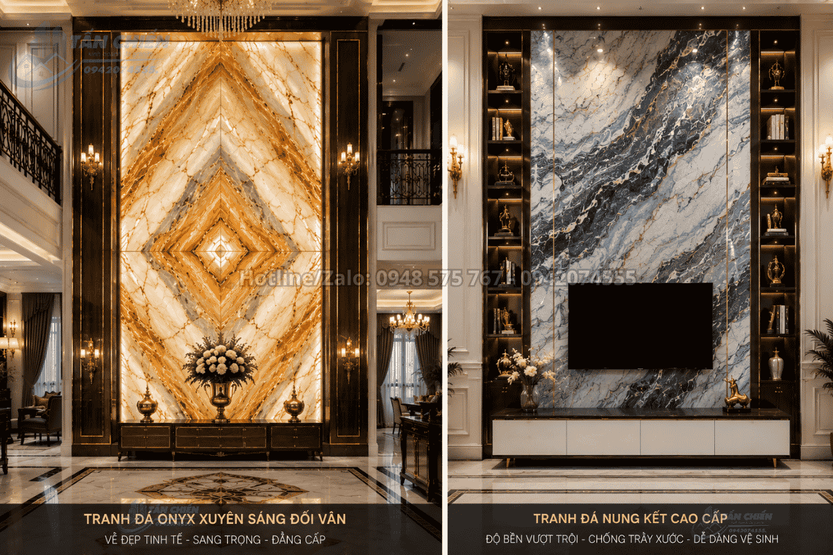 Tranh đá tự nhiên Onyx xuyên sáng đối vân và tranh đá nung kết khổ lớn