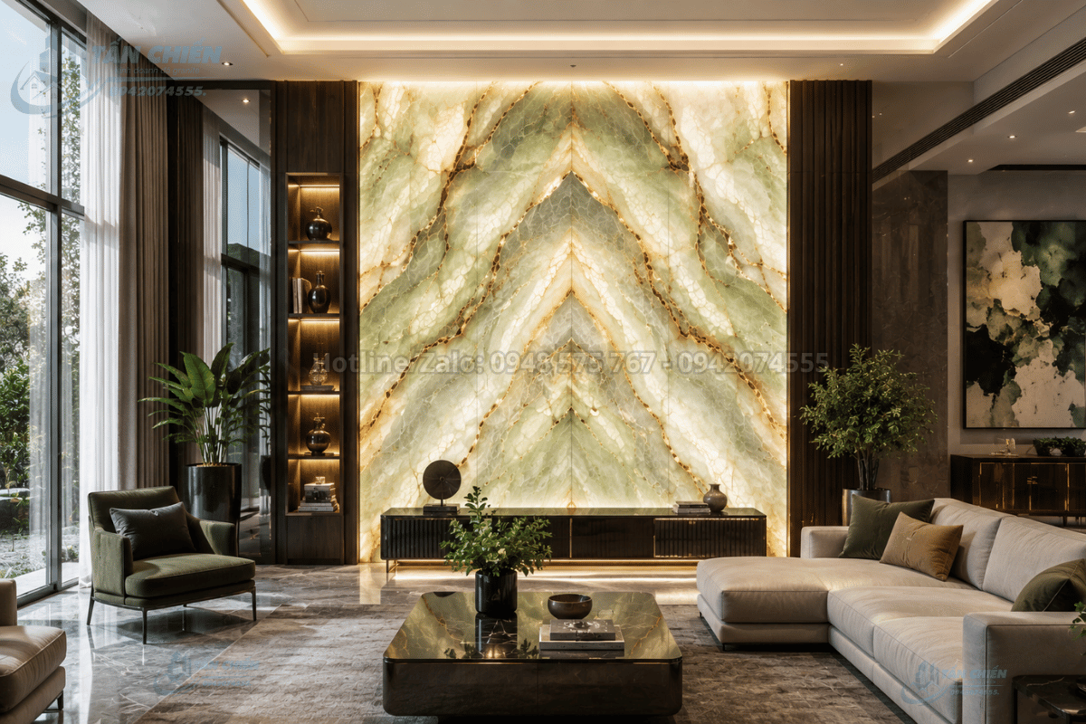 Tranh đá tự nhiên Onyx xuyên sáng phòng khách biệt thự hiện đại