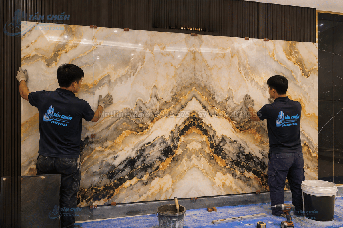 Thợ kỹ thuật thi công tranh đá vân đối Royal Phantasy