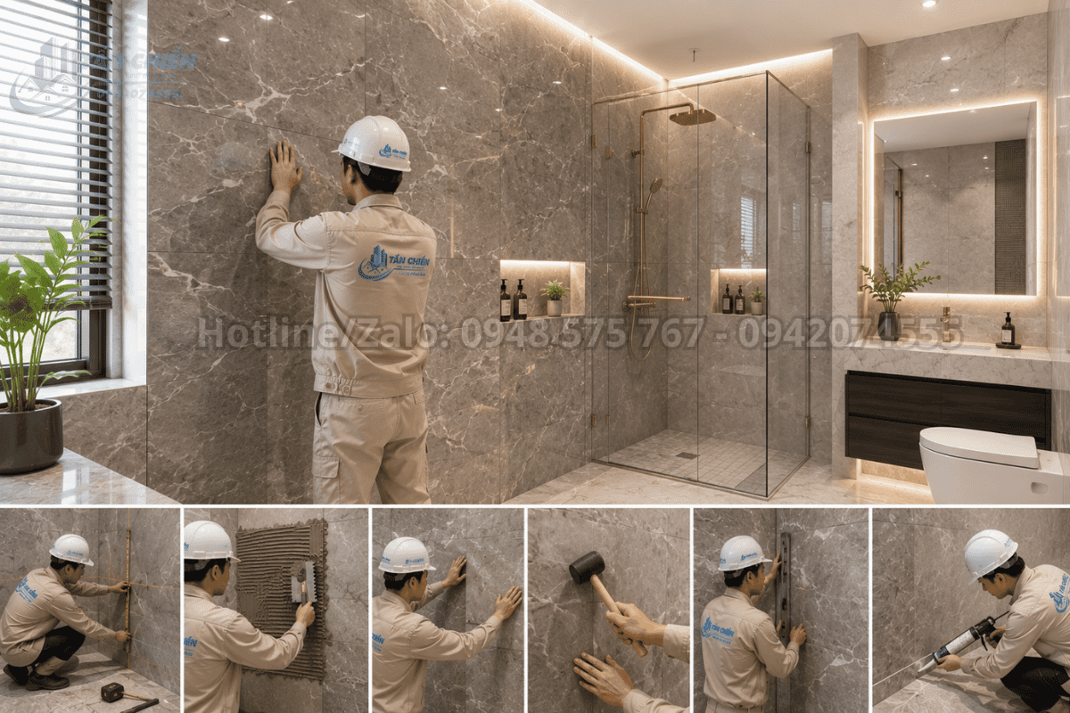 Thi công đá ốp tường nhà tắm sang trọng
