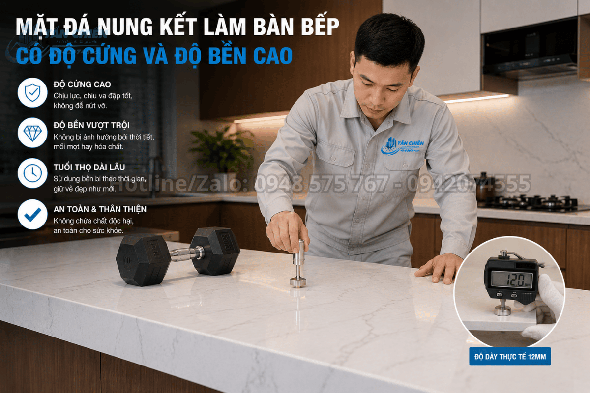 Mặt đá nung kết làm bàn bếp có độ cứng và độ bền cao
