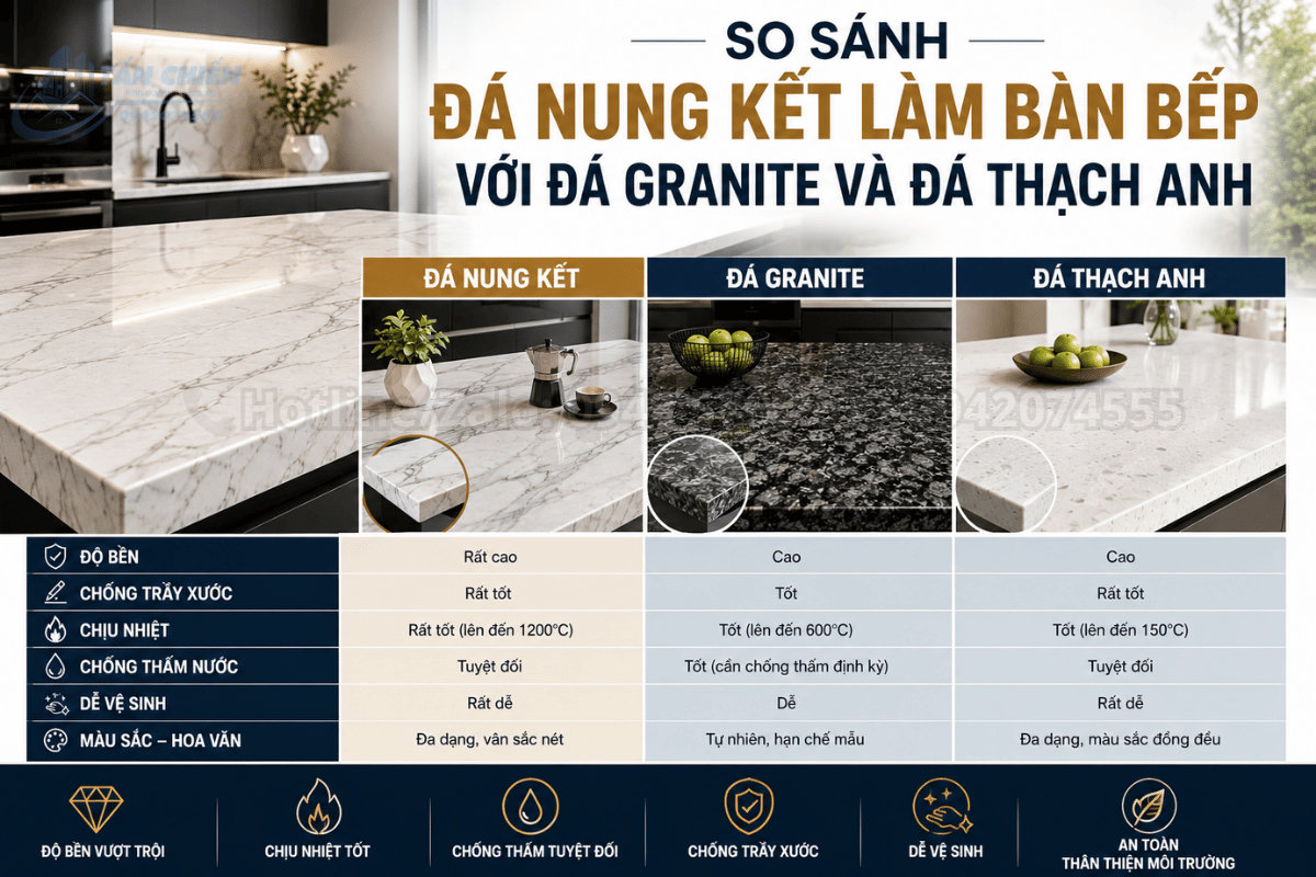 So sánh đá nung kết làm bàn bếp với đá Granite và đá thạch anh