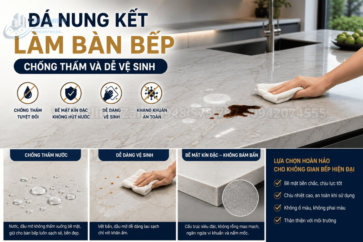 Đá nung kết làm bàn bếp chống thấm và dễ vệ sinh