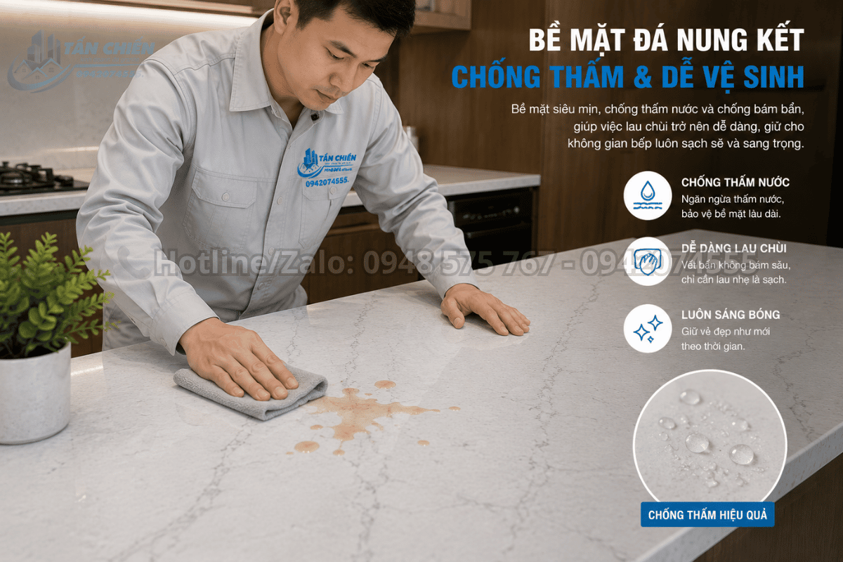 Bề mặt đá nung kết chống trầy xước khi sử dụng làm bàn bếp