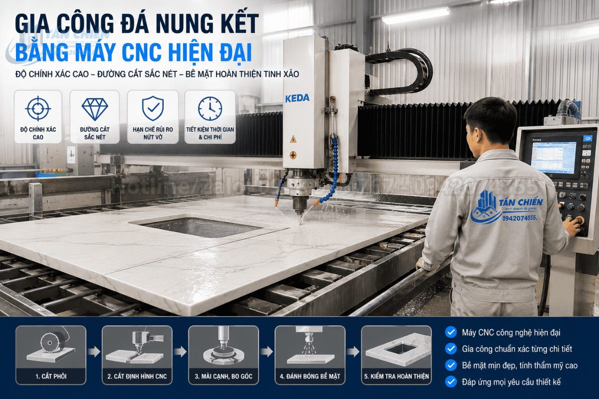 Gia công đá nung kết bằng máy CNC làm bàn bếp