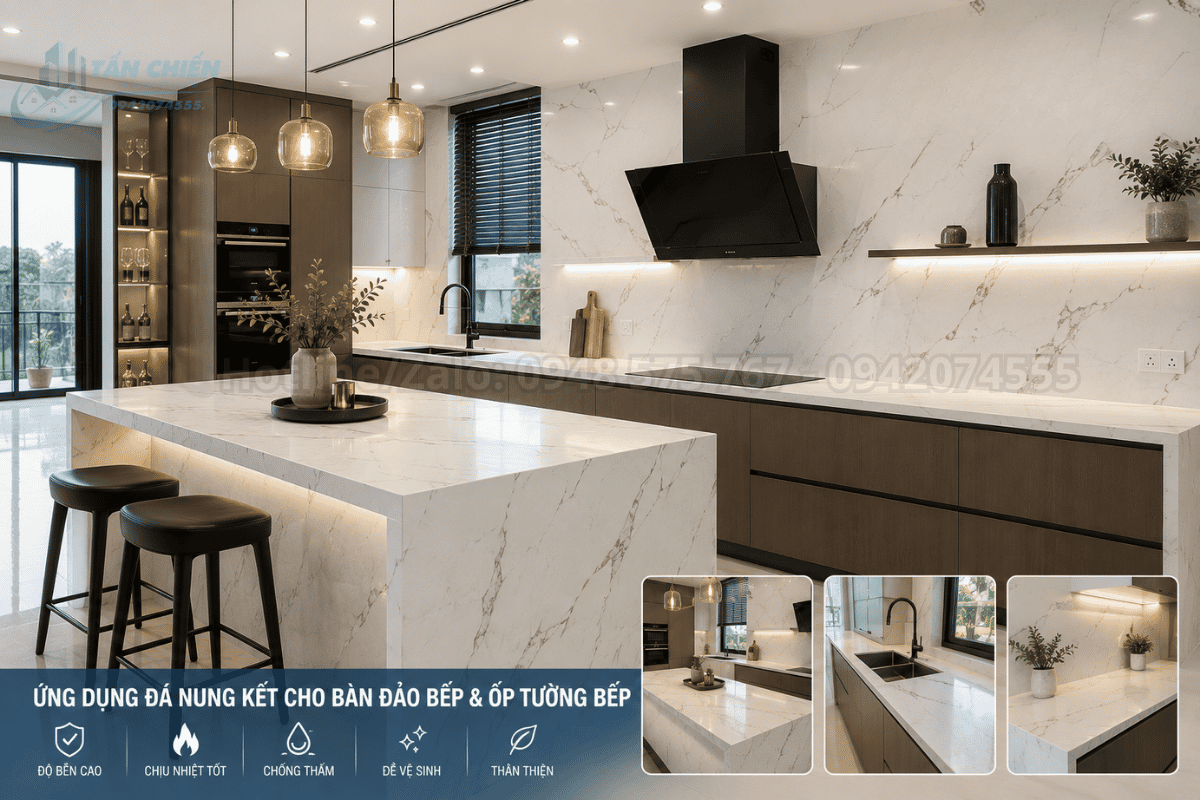 Ứng dụng đá nung kết cho bàn đảo bếp và ốp tường bếp