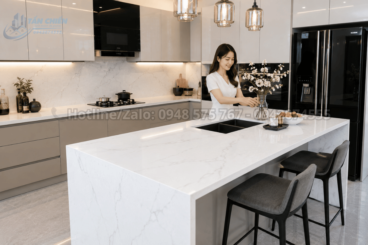 Đá nung kết làm bàn bếp màu trắng vân mây trong không gian bếp hiện đại