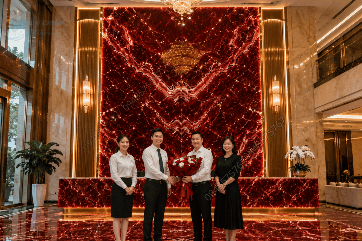 Công trình sảnh lớn sử dụng đá Onyx Đỏ Rượu Vang hoàn thiện bàn giao cho chủ đầu tư