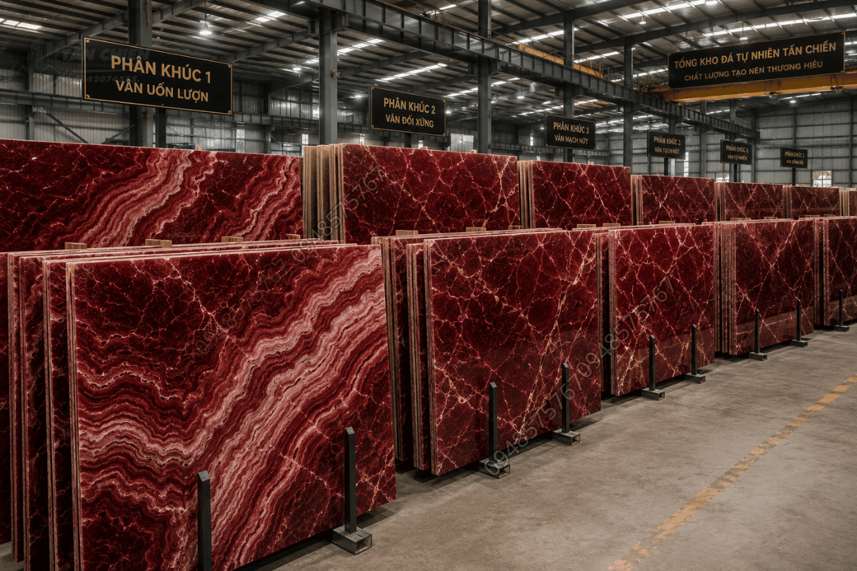 Các tấm đá Onyx Đỏ Rượu Vang được xếp phân loại theo phân khúc hệ vân