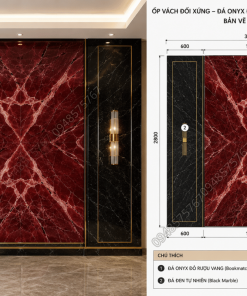 Ốp vách đối xứng kết hợp giữa đá Onyx Đỏ Rượu Vang và đá đen theo bản vẽ 2D