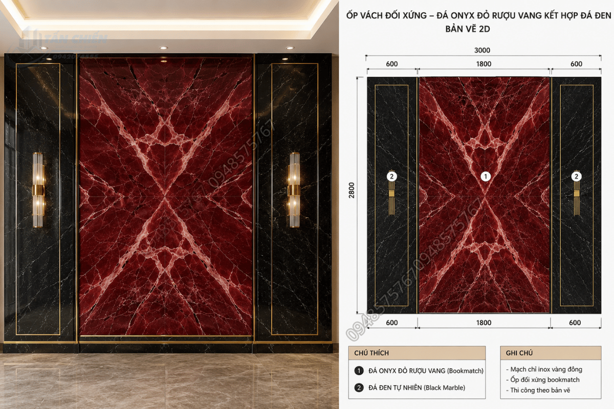 Ốp vách đối xứng kết hợp giữa đá Onyx Đỏ Rượu Vang và đá đen theo bản vẽ 2D