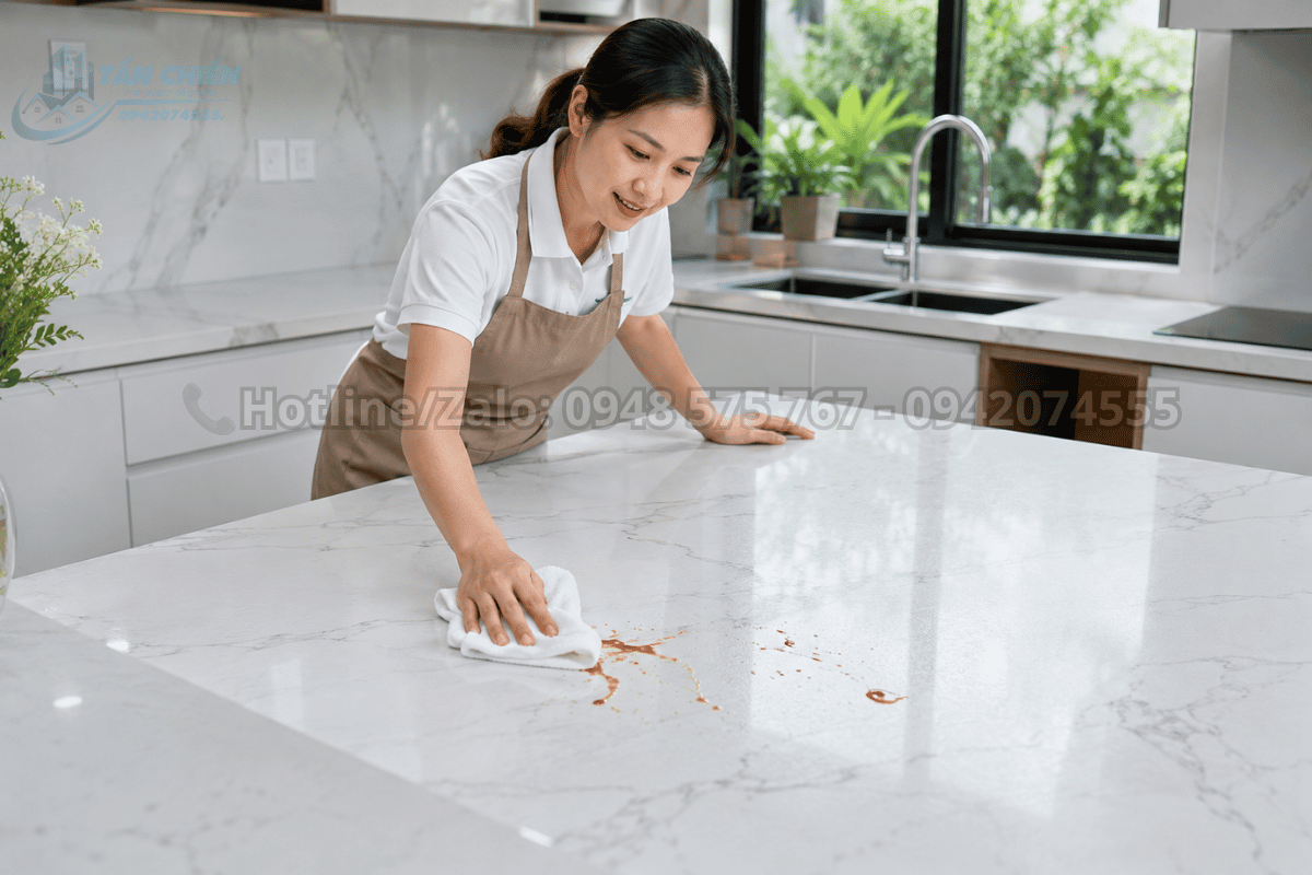 Bàn bếp đá thạch anh dễ lau chùi và chống bám bẩn hiệu quả