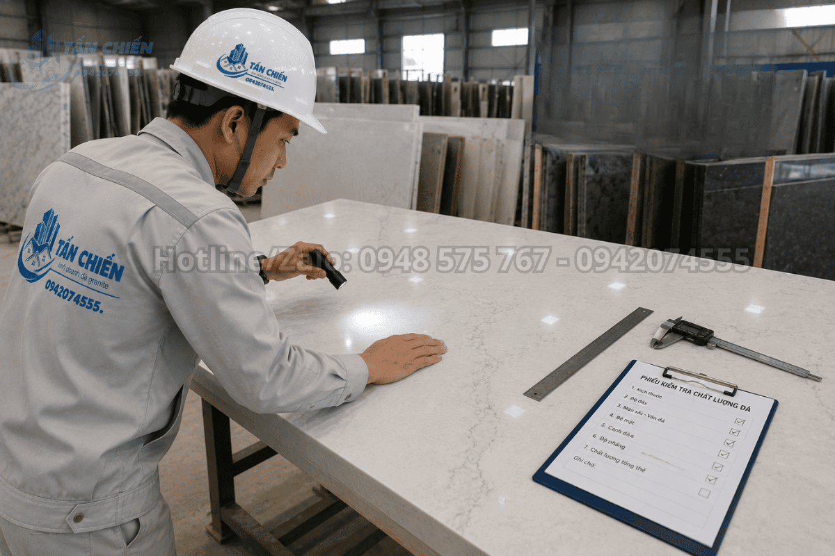 Kiểm tra chất lượng đá thạch anh trước khi thi công bàn bếp